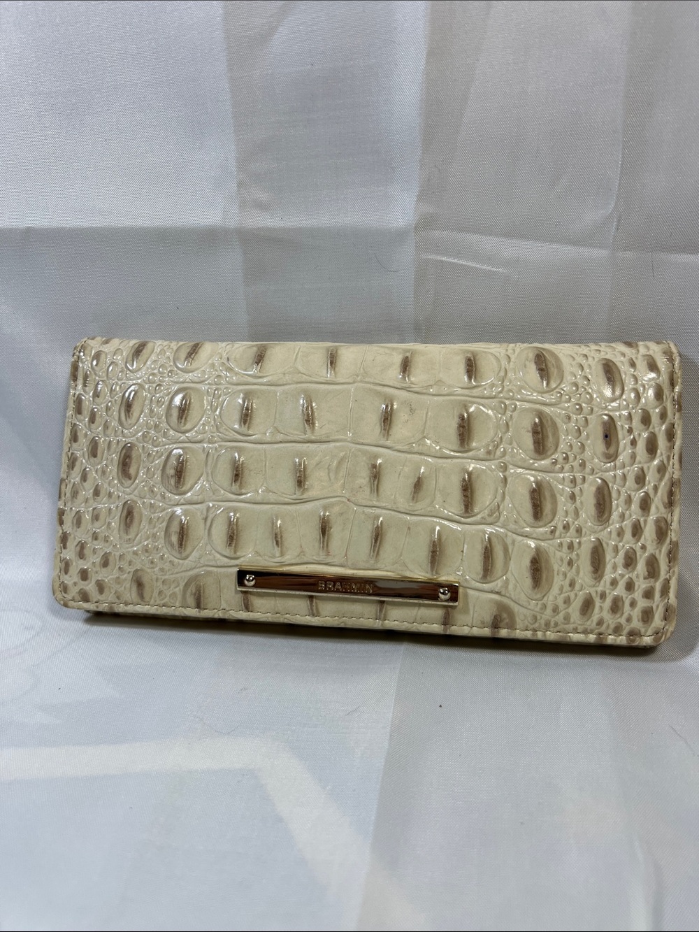 Brahmin Cream Croc-Embossed Clutch with Gold Accent
